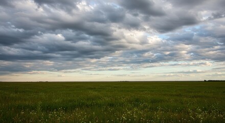 Vast Green Field Under a Dramatic Cloudy Sky Nature Photography