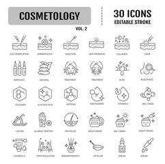 Cosmetology line editable icon set. Containing beauty, vitamin, jewelry, healthy food, moisturizing, dentistry. Vector illustration