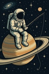 Whimsical astronaut fishing on saturn in a starry cosmic landscape