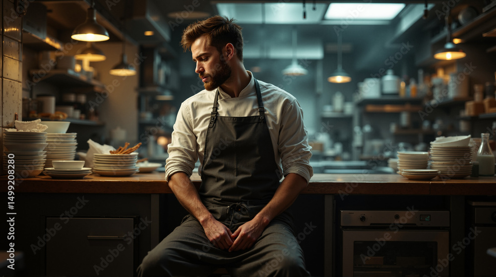 Poster the image shows a man in an apron sitting on a stool in a kitchen. on the table in front of him are 