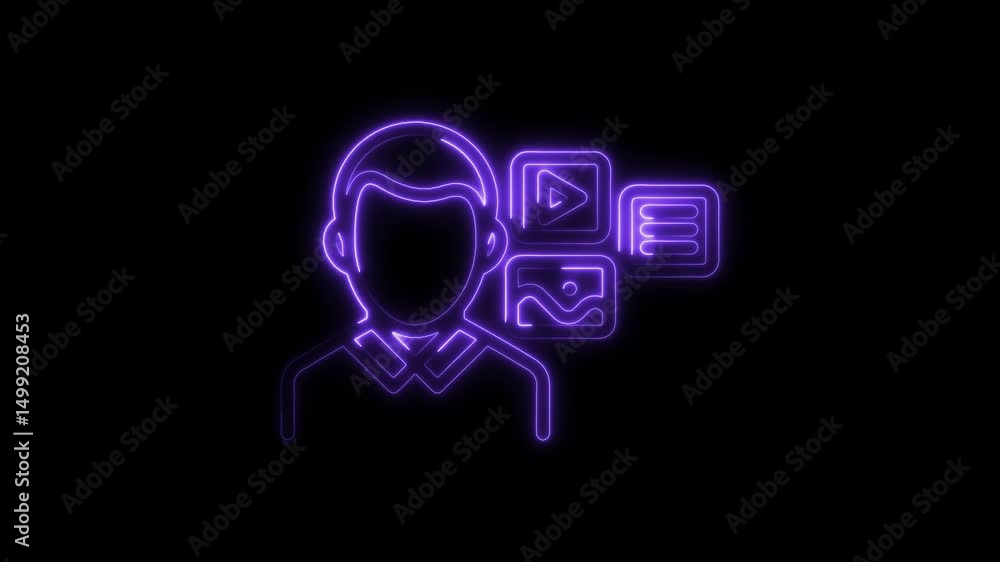 Poster neon content creator profile with video image and text media presentation on dark background
