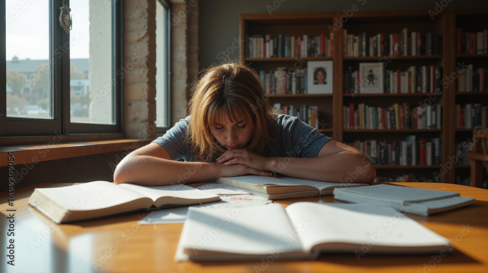 Poster the image shows a woman sitting at a table with books in front of her. on the table there are severa