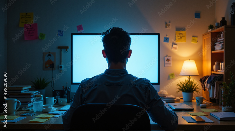 Poster the image shows a man sitting at a desk in front of a computer monitor. on the desk there are papers