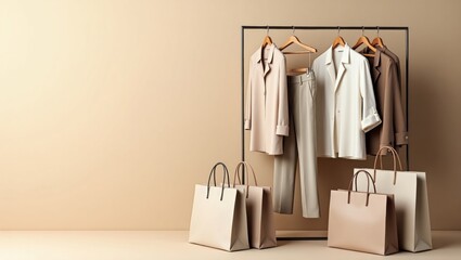 Fashionable clothing displayed on a rack with shopping bags against a beige wall.