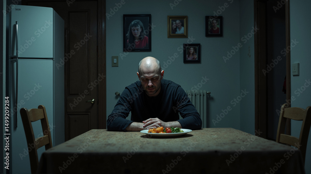 Poster the image shows a man sitting at a table with a plate of food in front of him. he is surrounded by c