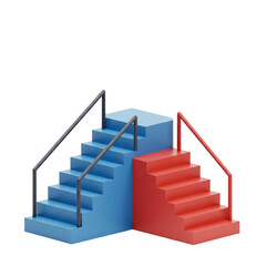 Abstract 3D Render of Two Staircases: Blue and Red Pathways to Success, Representing Divergent Choices or Paths Leading to Achievement