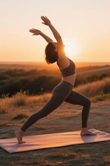 woman in a yoga pose on a yoga mat in the sunset