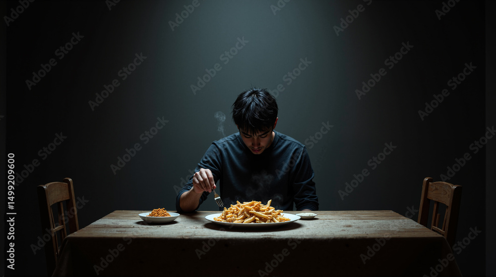 Poster the image shows a man sitting at a table with a plate of food in front of him. he is holding a fork 