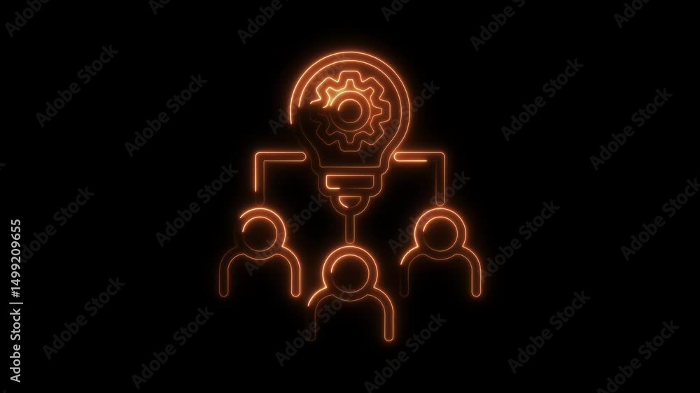 Poster neon teamwork light bulb and gears icon animation on black background loop