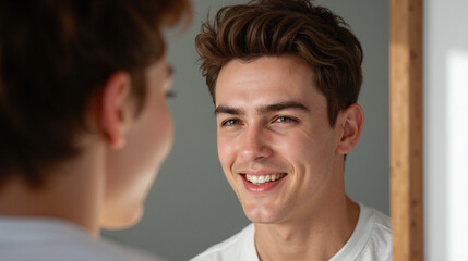 The image shows a young man looking at himself in the mirror with a smile on his face. He is standing in front of a wall