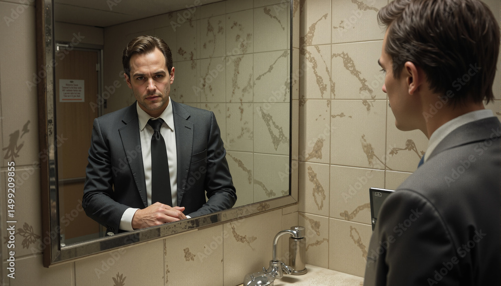 Poster the image shows a man in a suit looking at himself in the mirror. he is standing in front of a wash 
