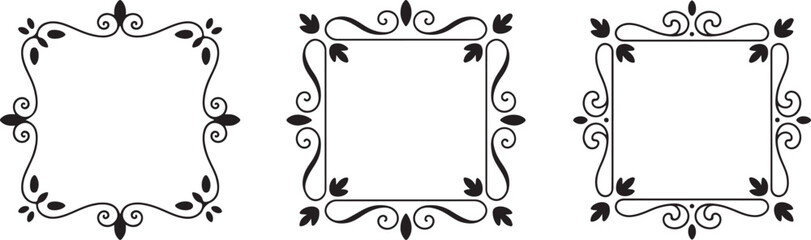 Ornate Decorative Square Frame Vector Set - Vintage Style Black Borders with Floral Accents 3