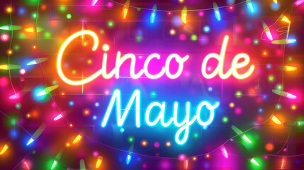 Festive holiday Cinco de Mayo celebration neon text effect design. Glowing sombrero hat with cactus, fun celebration 