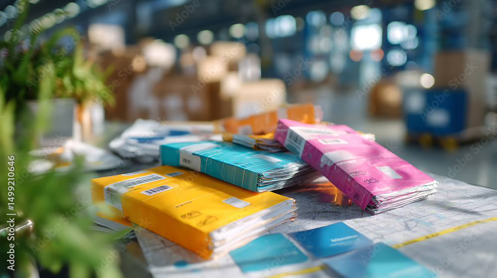 Leinwandbilder Flat lay image showcasing logistics management tools for efficient operations.
