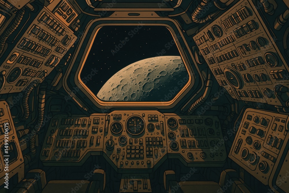 Poster spaceship cockpit with moon view through window and control panels