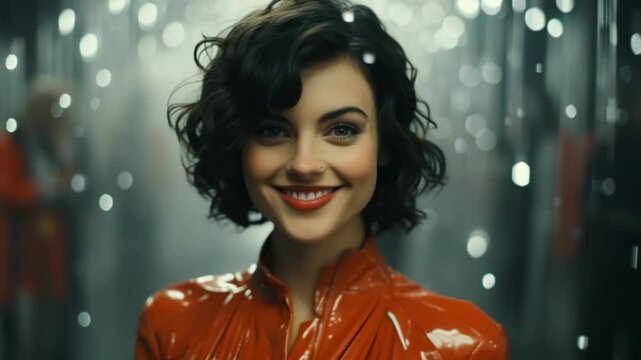 A captivating woman with curly hair dons a vibrant outfit, radiating confidence as she stands amidst glimmering lights. The atmosphere is electric and full of intrigue