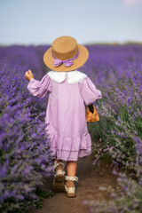 child is a girl in a lilac dress and handbag, a braided hat in a lavender field