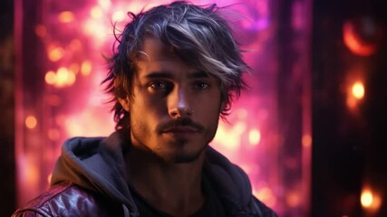In a striking urban setting, a young man exudes charisma with his tousled hair and leather jacket, against a backdrop of colorful neon lights that create an enchanting atmosphere