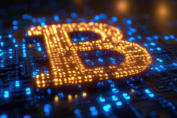 Golden bitcoin symbol on a blue futuristic circuit board background. Use this image for financial, crypto, and technology related designs.