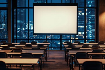 Night-lit cityscape viewed through large windows behind a blank projection screen in an empty conference room with rows of tables and chairs