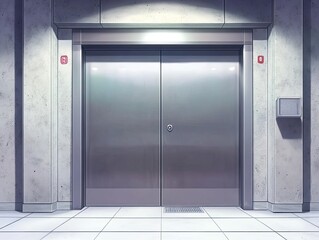 Nighttime view of a sleek, metallic double elevator door set within a concrete building, illuminated by overhead lights.  A small mat rests before it