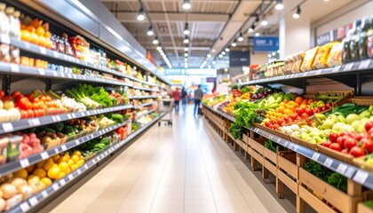 A softly blurred supermarket food section captures the vibrant essence of daily life with shelves full of colorful produce and neatly arranged goods. 
