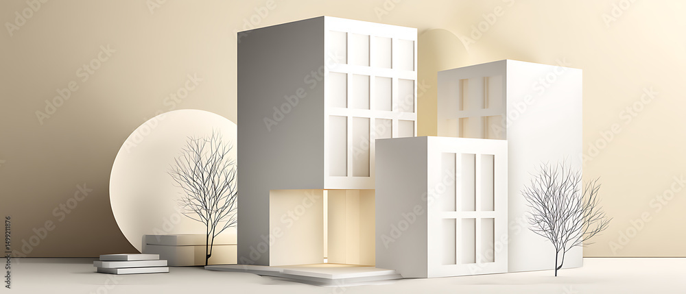 Poster modern architecture model presented in a flat lay format, showcasing contemporary design elements.