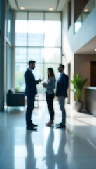 Generative AI Captures Blurred Corporate Huddle in Contemporary Office Lobby