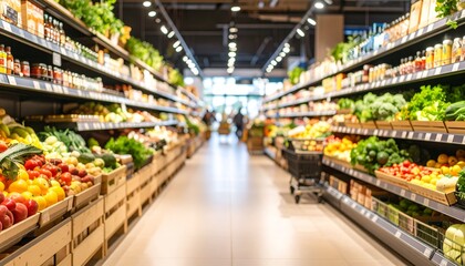 A softly blurred supermarket food section captures the vibrant essence of daily life with shelves full of colorful produce and neatly arranged goods. 
