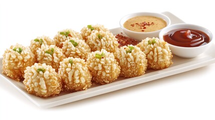 Crispy fried balls arranged on a rectangular plate, accompanied by two small bowls of dipping sauces