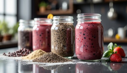 Assorted smoothies in glass jars with ingredients on kitchen counter  