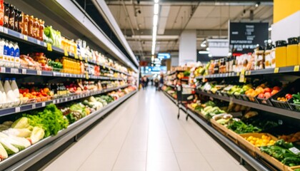 A softly blurred supermarket food section captures the vibrant essence of daily life with shelves full of colorful produce and neatly arranged goods. Hints of shoppers, carts, and signage add depth wh