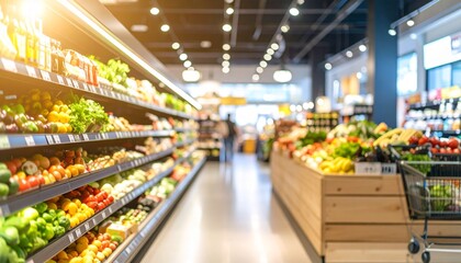 A softly blurred supermarket food section captures the vibrant essence of daily life with shelves full of colorful produce and neatly arranged goods. Hints of shoppers, carts, and signage add depth wh
