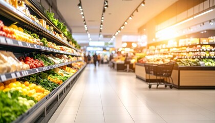 A softly blurred supermarket food section captures the vibrant essence of daily life with shelves full of colorful produce and neatly arranged goods. Hints of shoppers, carts, and signage add depth wh