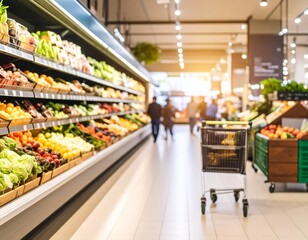 Fototapeta premium A softly blurred supermarket food section captures the vibrant essence of daily life with shelves full of colorful produce and neatly arranged goods. Hints of shoppers, carts, and signage add depth wh