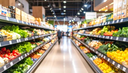 A softly blurred supermarket food section captures the vibrant essence of daily life with shelves full of colorful produce and neatly arranged goods. Hints of shoppers, carts, and signage add depth wh