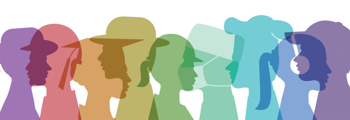 Colorful silhouette profile group of men and women