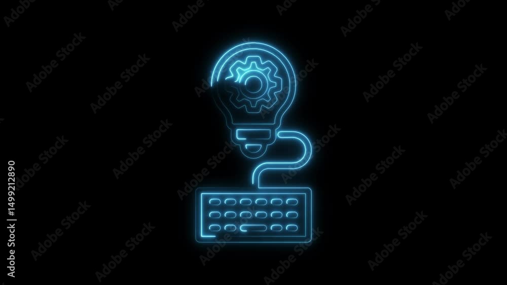 Poster neon lightbulb with gear connecting to keyboard animation on black background