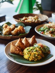 Assorted dishes of various cuisines displayed on a table.