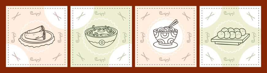 Asian food square cards with freehand drawing, graphic line art dishes, rolls, ramen, noodles and meat balls, cafe advertise. Cover designs, napkins, restaurant menu's art. Vector illustration.