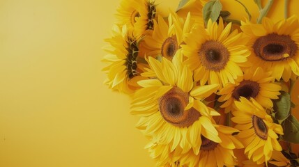 Top view of vibrant sunflowers arranged neatly on a clean, soft yellow table, radiating warmth and natural beauty.