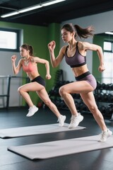 Obraz premium two women are running on a mat in a gym