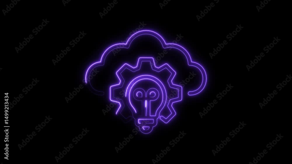 Poster cloud computing idea concept with gear and light bulb in glowing neon style animation