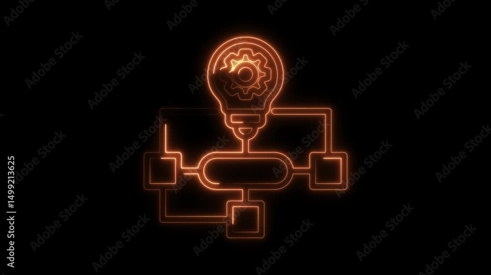 Poster glowing flowchart with idea lightbulb and gear innovation on black background animation
