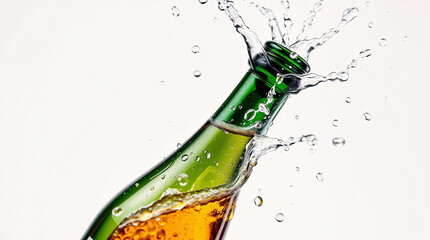 Cold beer pours from green bottle, splashing, refreshing and inviting.
