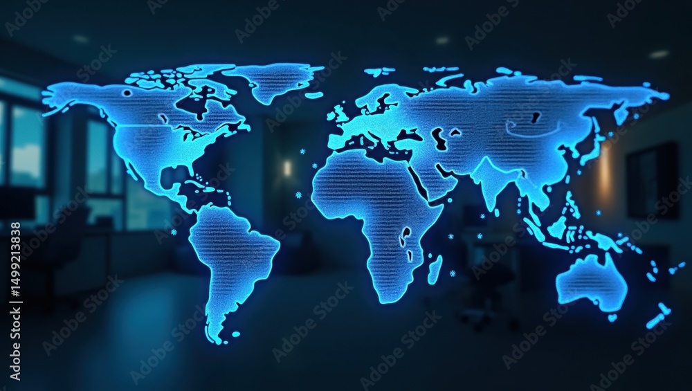 Poster global map projection with a glowing digital effect.