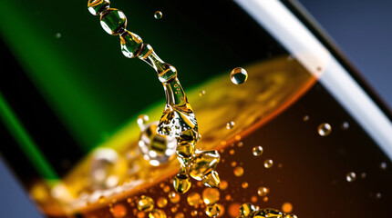 Close-up of whiskey being poured into a glass with bubbles and splashes.