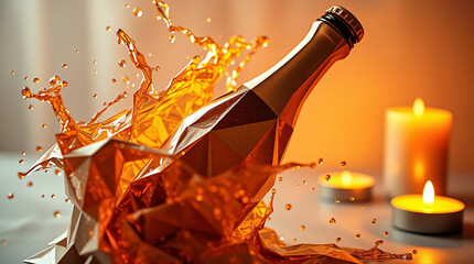 Champagne bottle with dynamic splash, golden liquid, festive and luxurious.