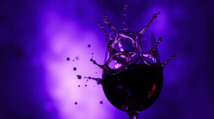 Close-up of a glass of red wine with a dynamic splash and purple lighting.