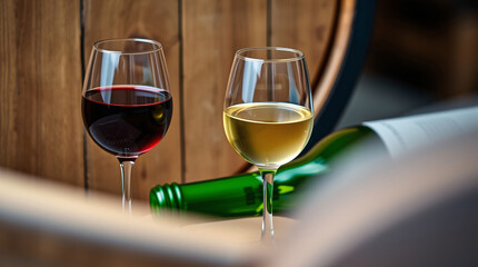 Two wine glasses, bottle, and barrel, rustic and elegant, festive and inviting.